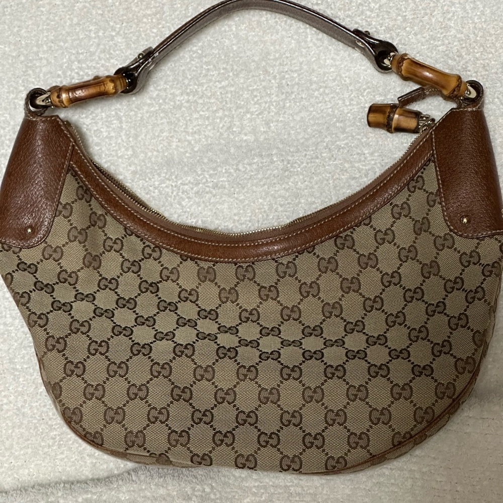 Gucci GG Bamboo Canvas Leather Hobo Bag